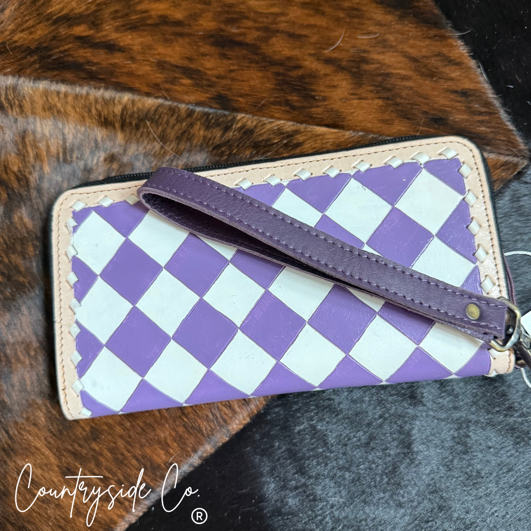 Lilac Checkered Leather Wallet