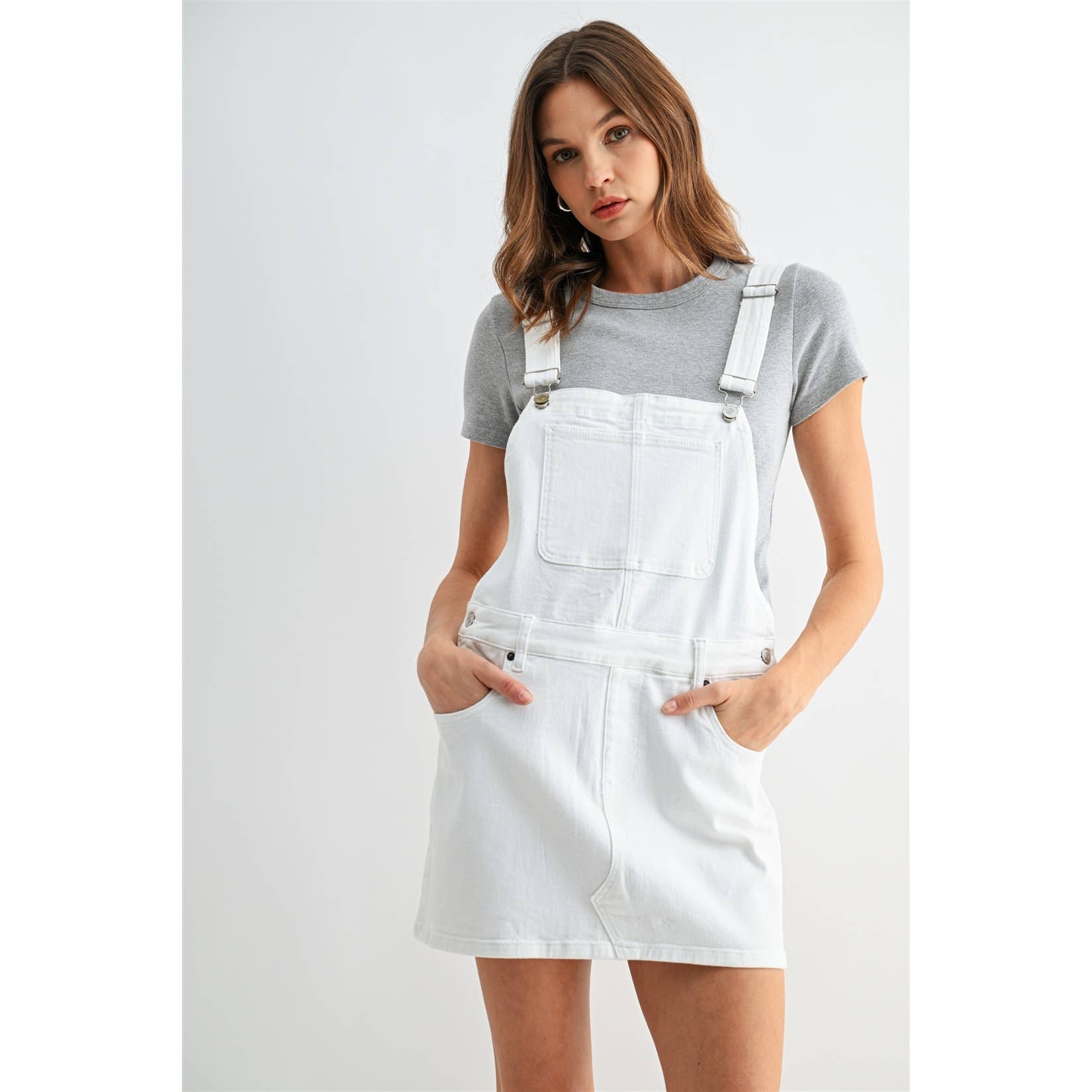 Denim Overall Mini Dress- White