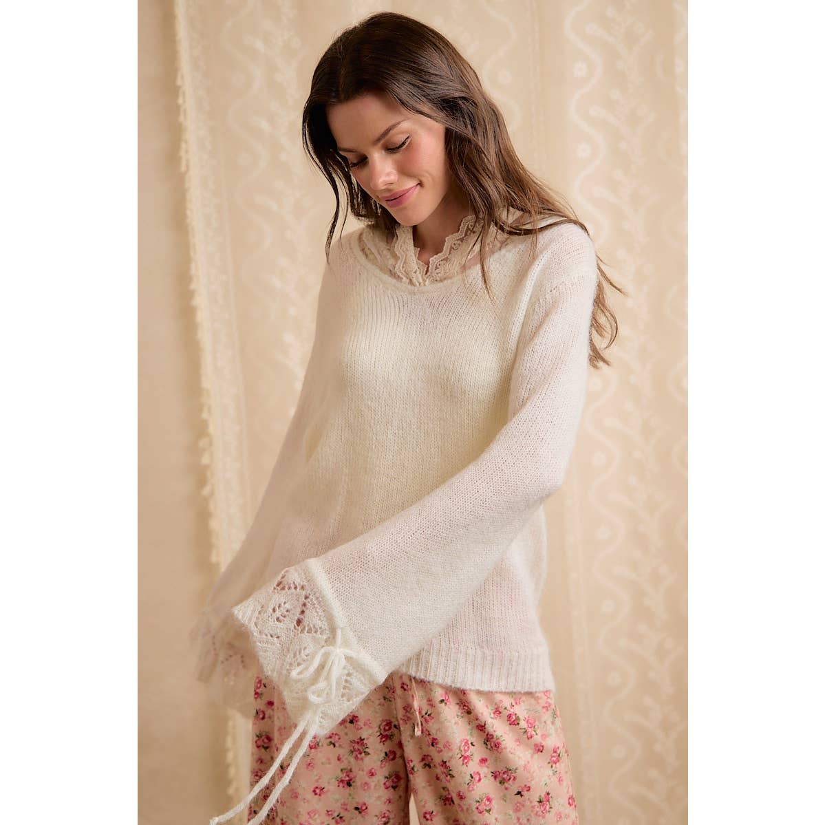 Ivory Sweater with Lace Hood-