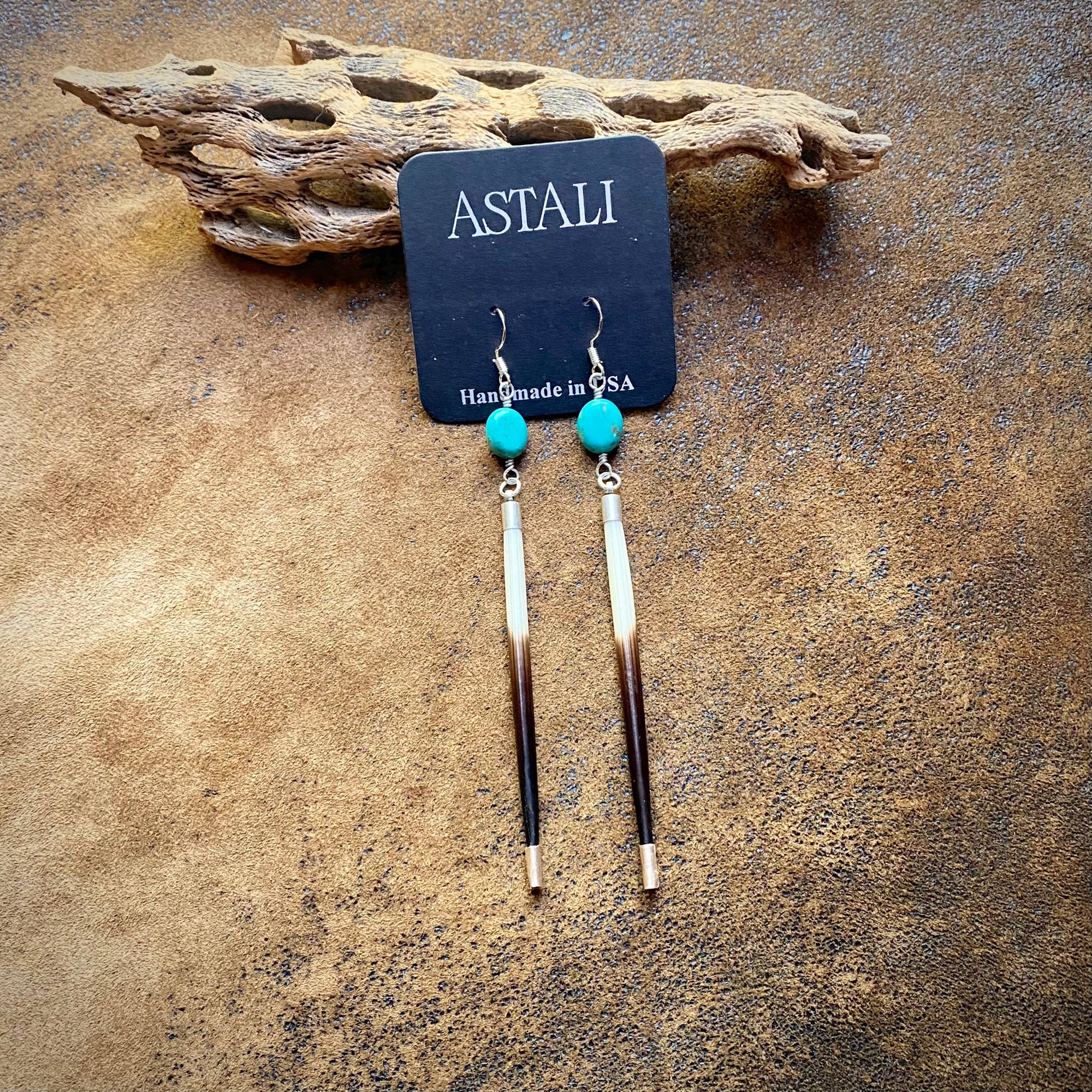 Porcupine Quill &amp; Turquoise Earrings, with Silver Earwires