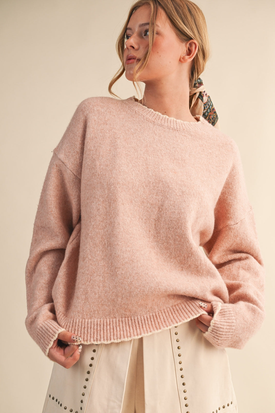 Contrast Scallop Sweater- Pink-