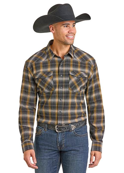 Plaid Snap Shirt- PMN2S06915- Black/Gold- Alternate Route Outfitters Plaid Snap Shirt- PMN2S06915- Black/Gold- Alternate Route Outfitters