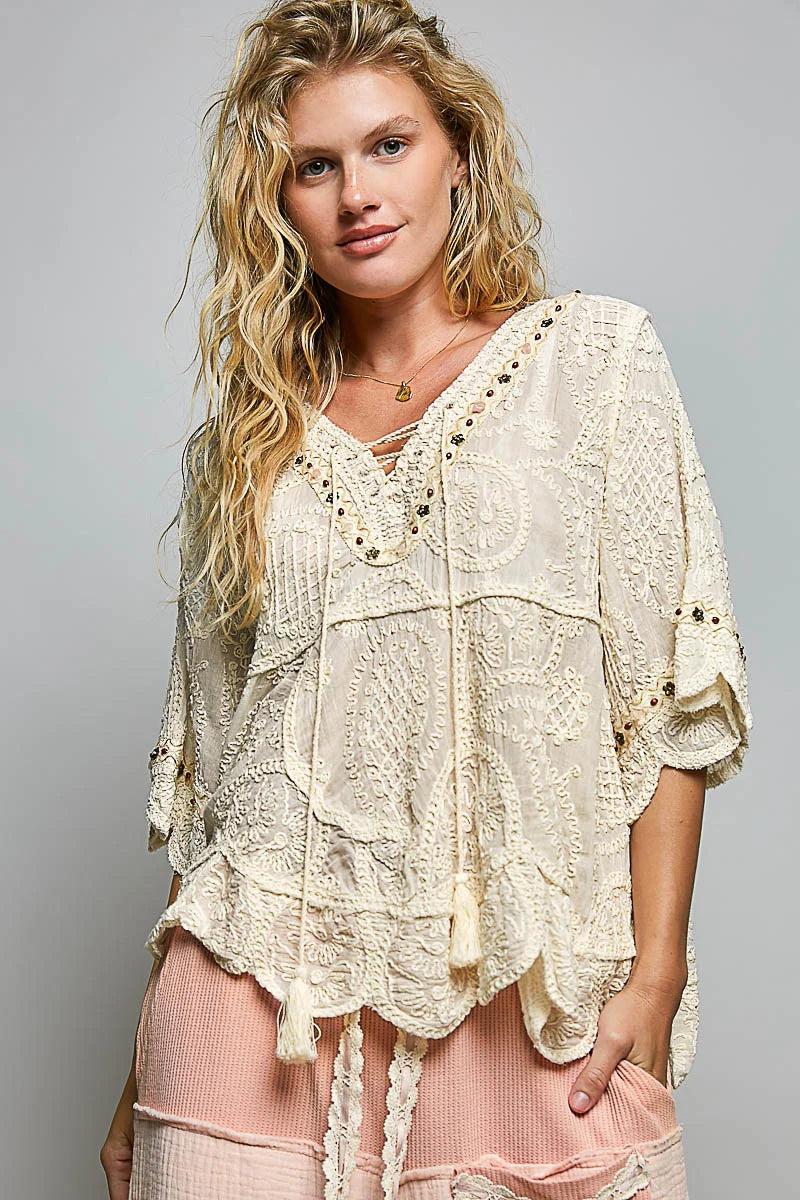 Short Sleeve Crotchet Top- Natural