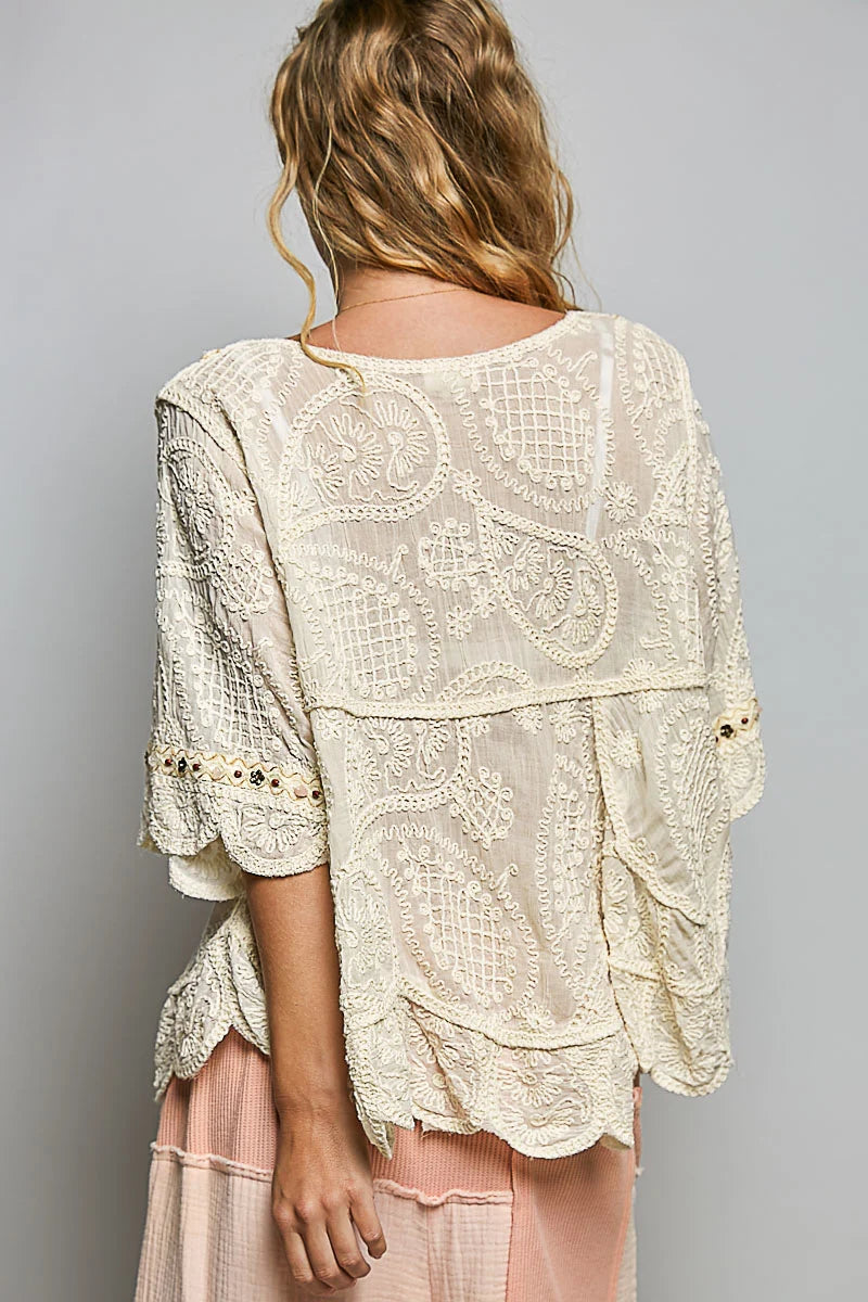 Short Sleeve Crotchet Top- Natural