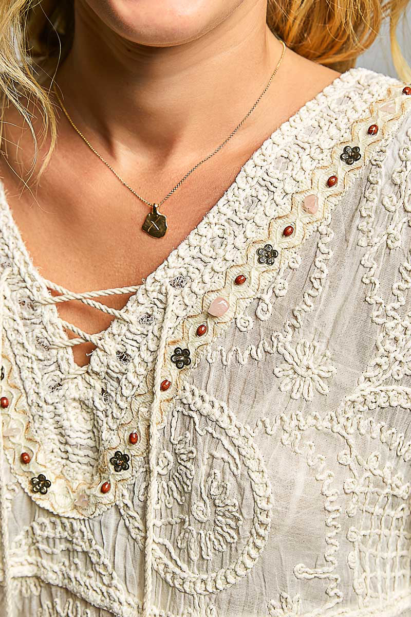 Short Sleeve Crotchet Top- Natural