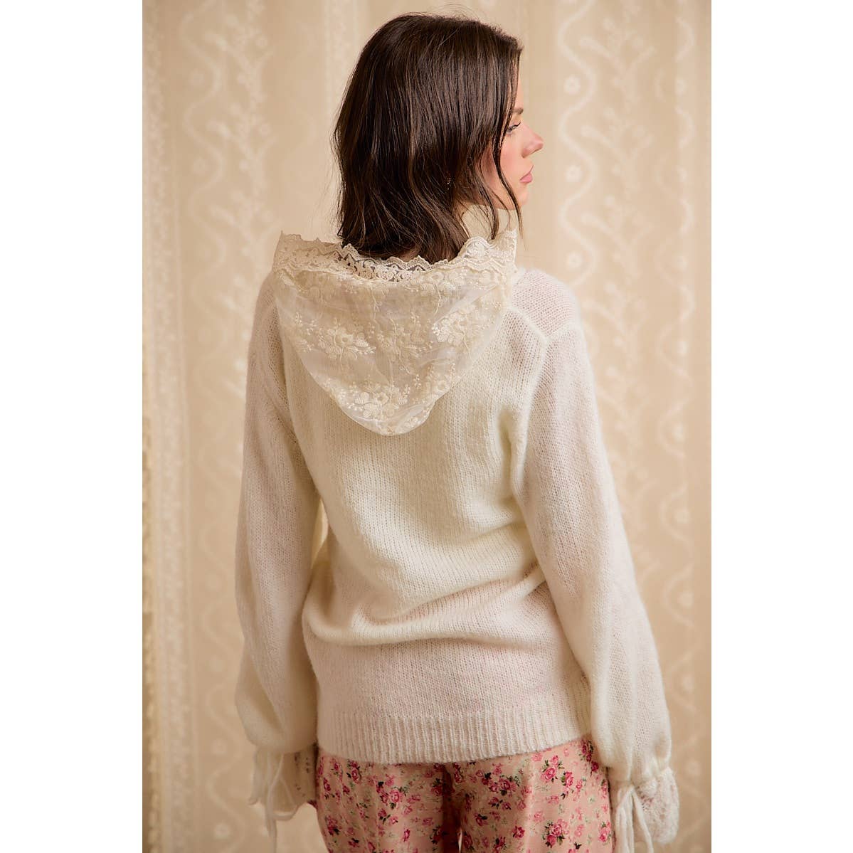 Ivory Sweater with Lace Hood-