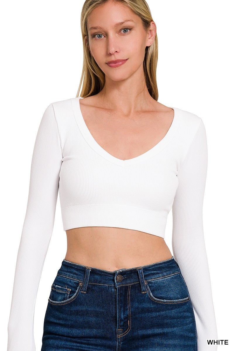 Long Sleeve VNeck Crop Top- NT-6358- White