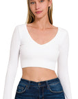 Long Sleeve VNeck Crop Top- NT-6358- White