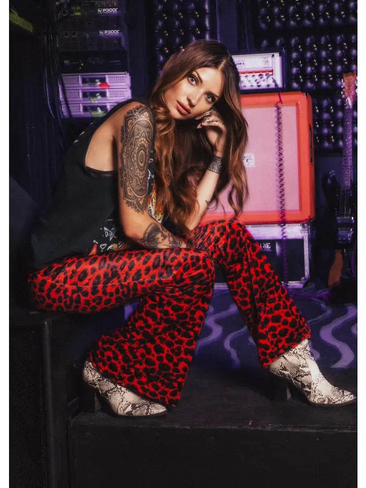 Animal Print Velvet Bell Bottom- Red- 