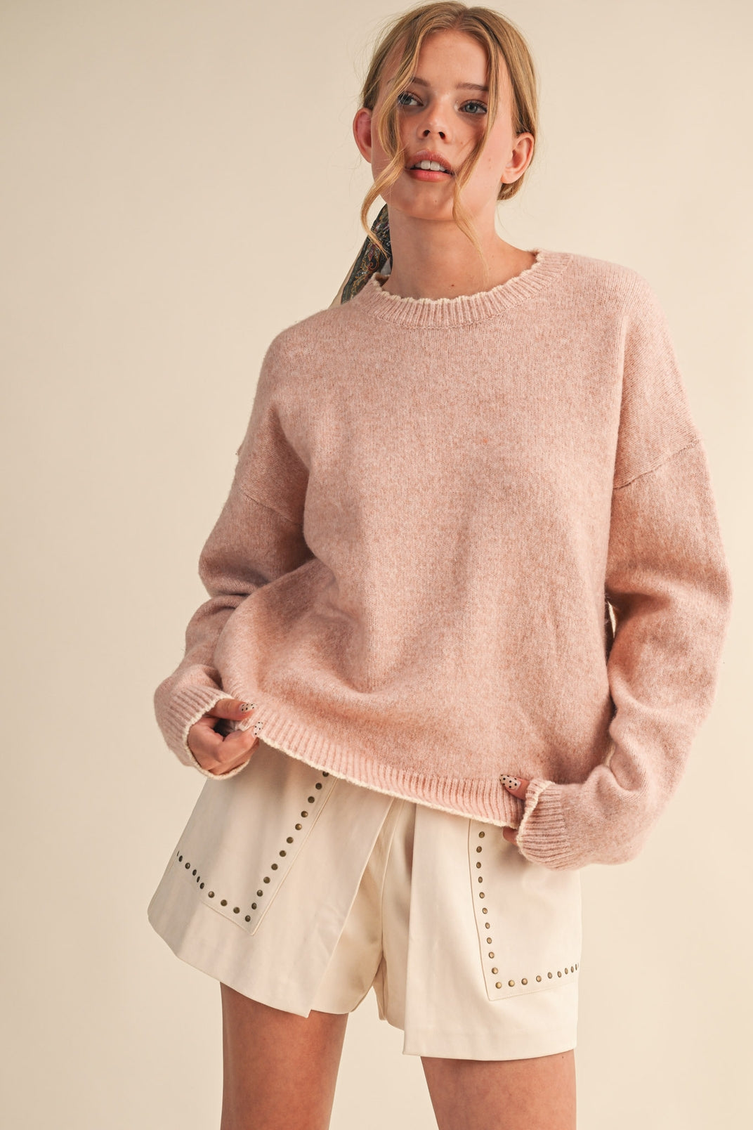 Contrast Scallop Sweater- Pink-