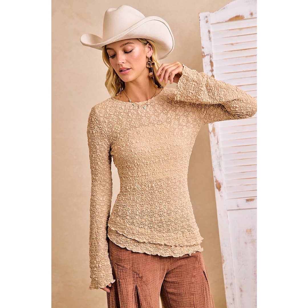 Textured Lace Bell Sleeve - Tan-
