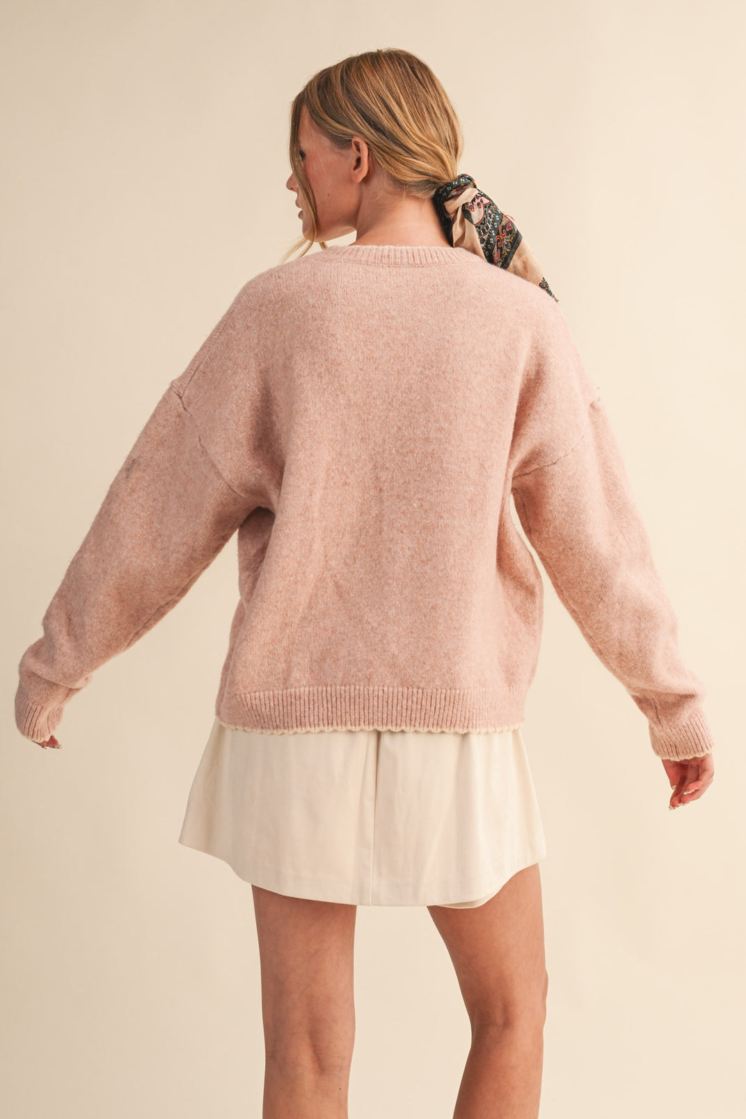 Contrast Scallop Sweater- Pink-
