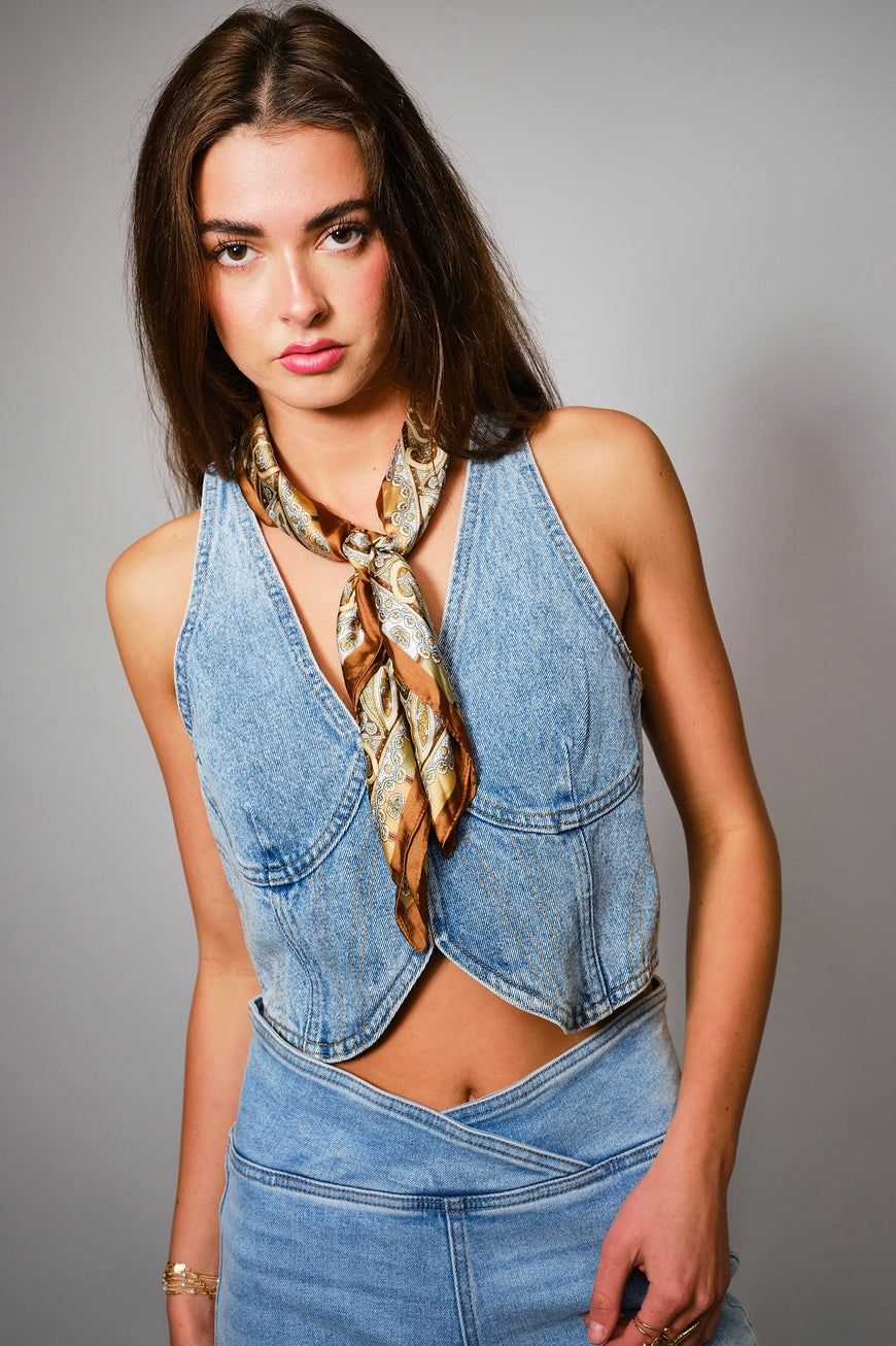 Denim V-Neck Vest- Medium Wash-