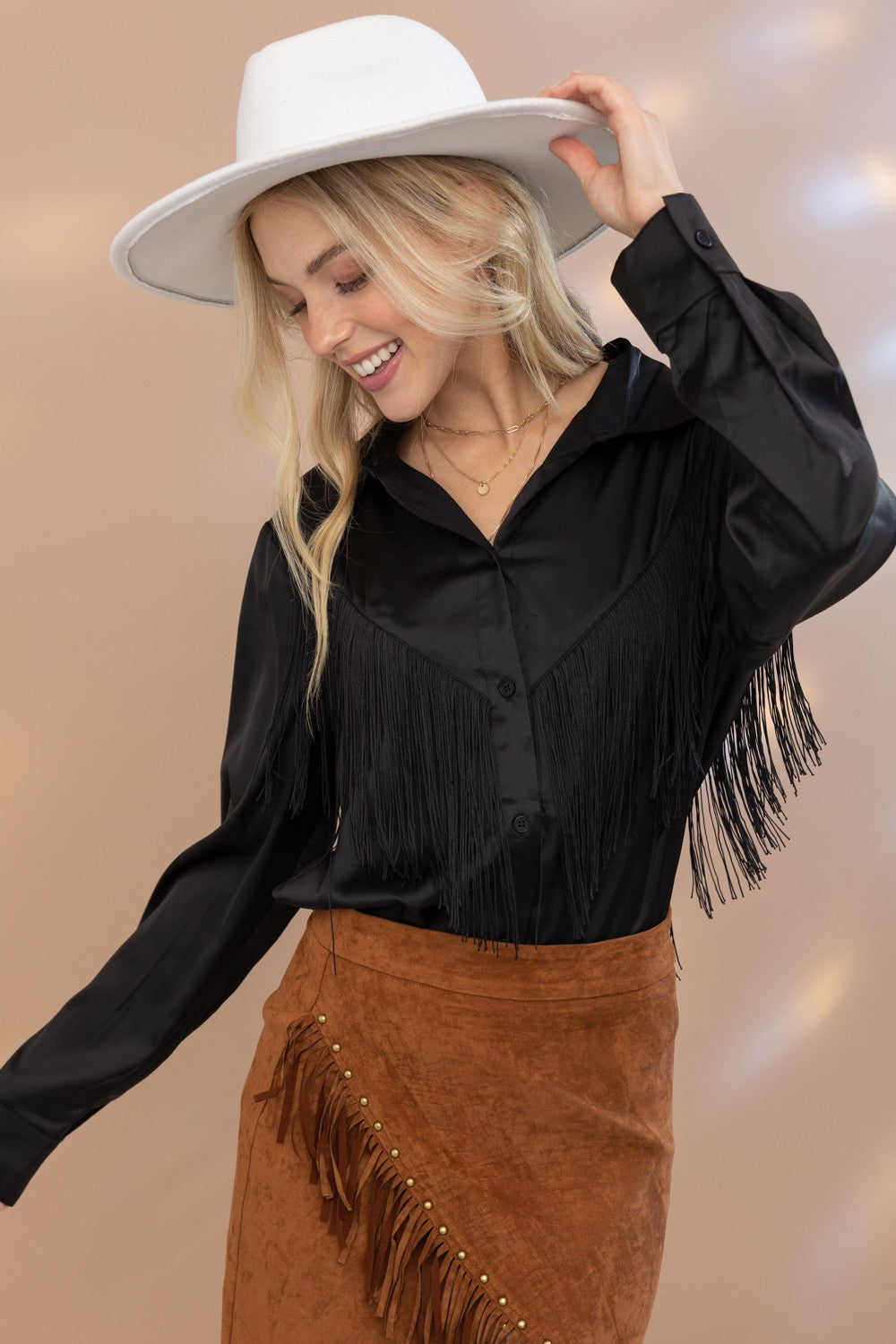 Black Satin Fringe Button Up 
