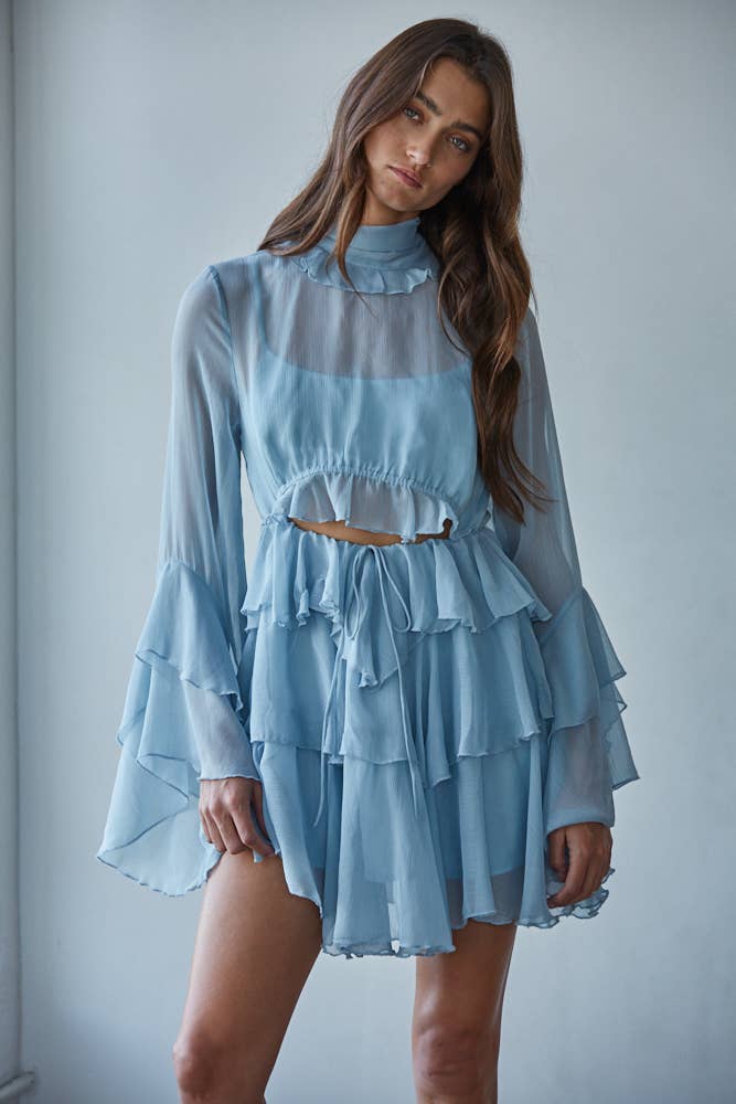 Woven Chiffon Ruffled Dress- Dusty Blue