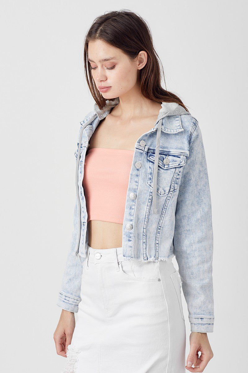 Plus Distressed Denim Jacket with Removeable Hood - XRDJ1109- Light Wash