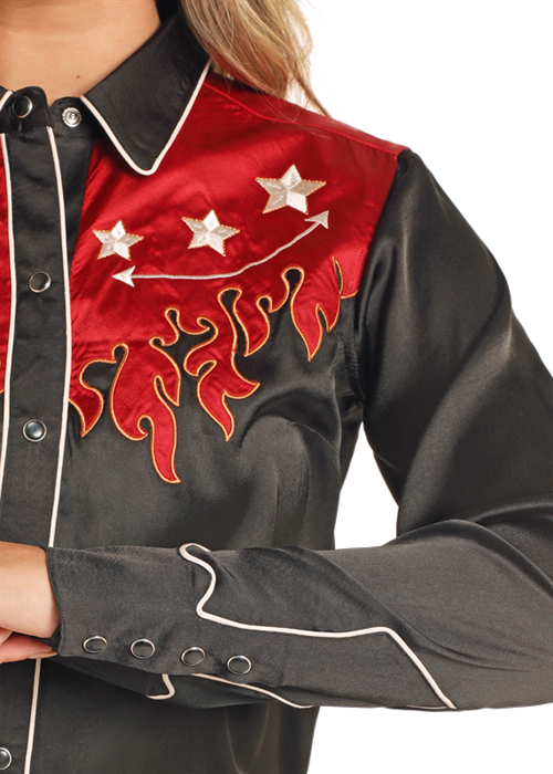 Retro Silk Shirt with Flames- Black- BWN2S04475
