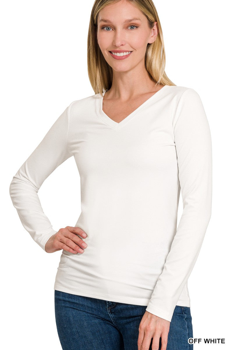 Brushed Microfiber V-Neck- Off-White