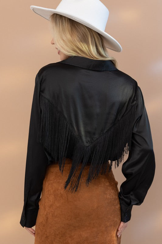 Black Satin Fringe Button Up 