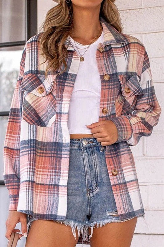 Plaid Flannel Shacket with Silver Buttons  Pink L