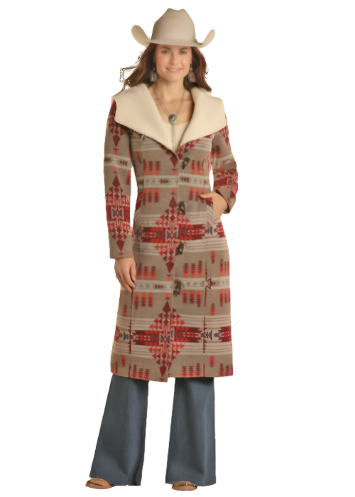 Long Aztec Sherpa Lined Wool Coat