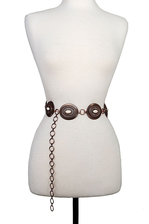 Oval Etched Concho Belt- Copper/White- S/M
