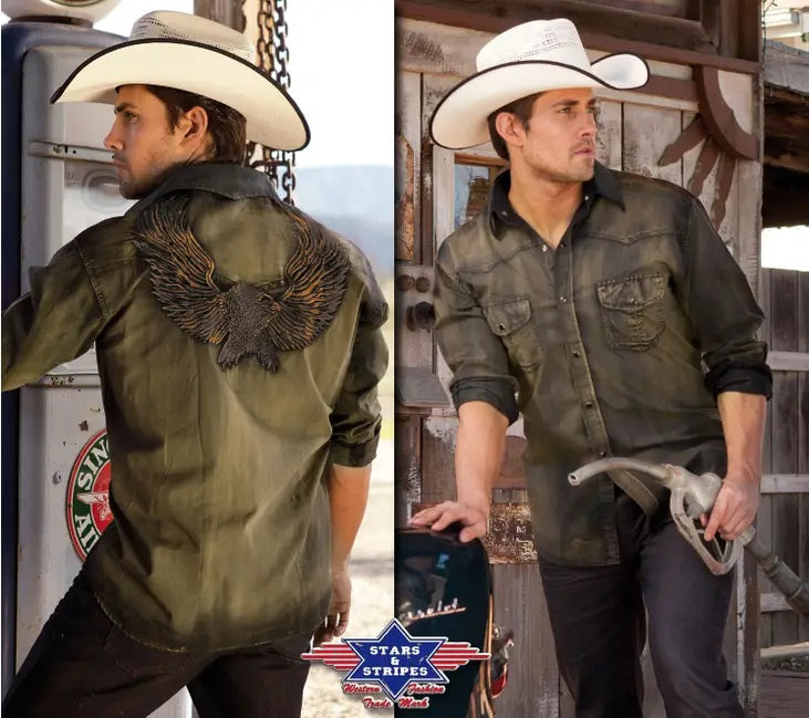 Dave - Olive Eagle Embroidered Shirt 