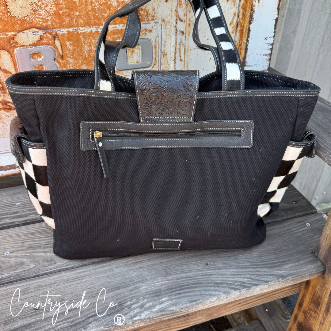 The Homestead Cowhide Checkered Tote Carryall: Black