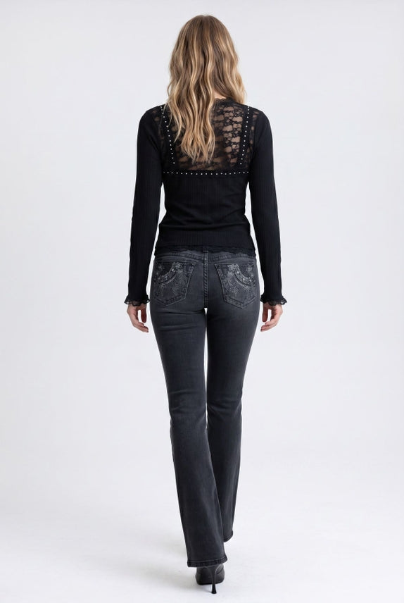 Long Sleeve Lace Detail Top- Black