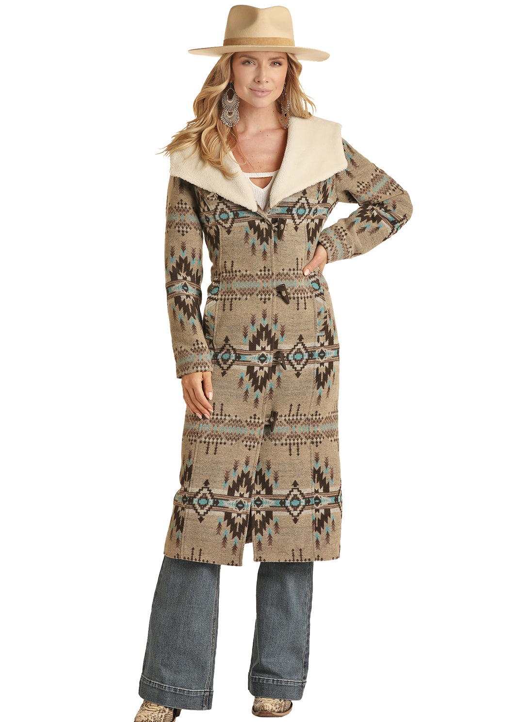 Aztec Print Wool Long Jacket 