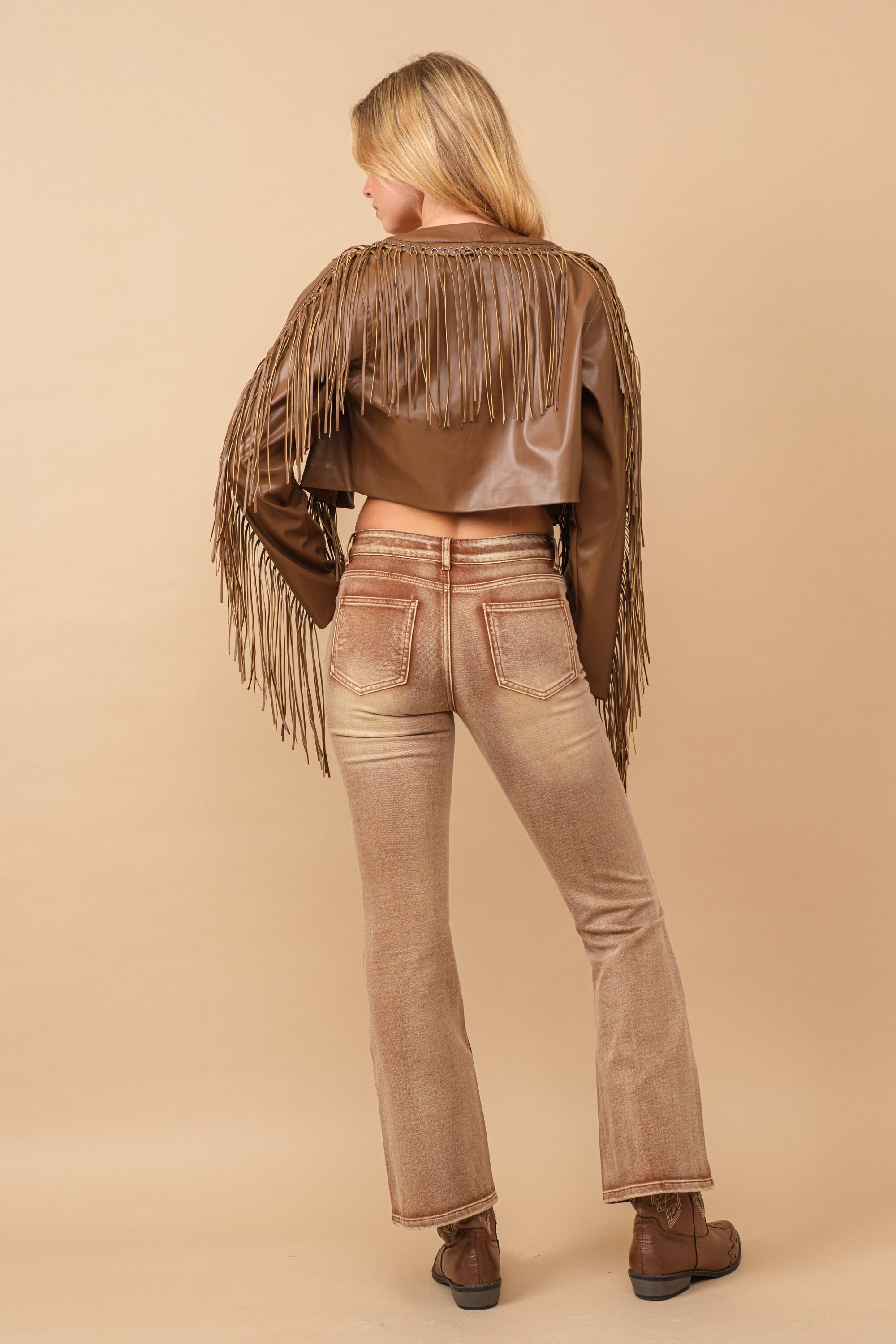 Faux Leather Cropped Eyelet Fringe Jacket- 61242J- Brown 