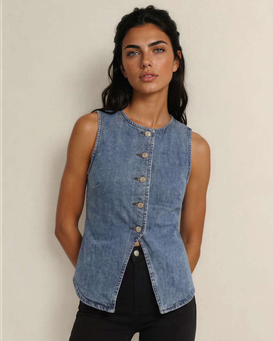 Long Denim Vest- Medium Blue
