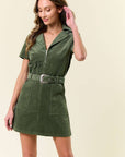 Short Sleeve Corduroy Dress- Olive