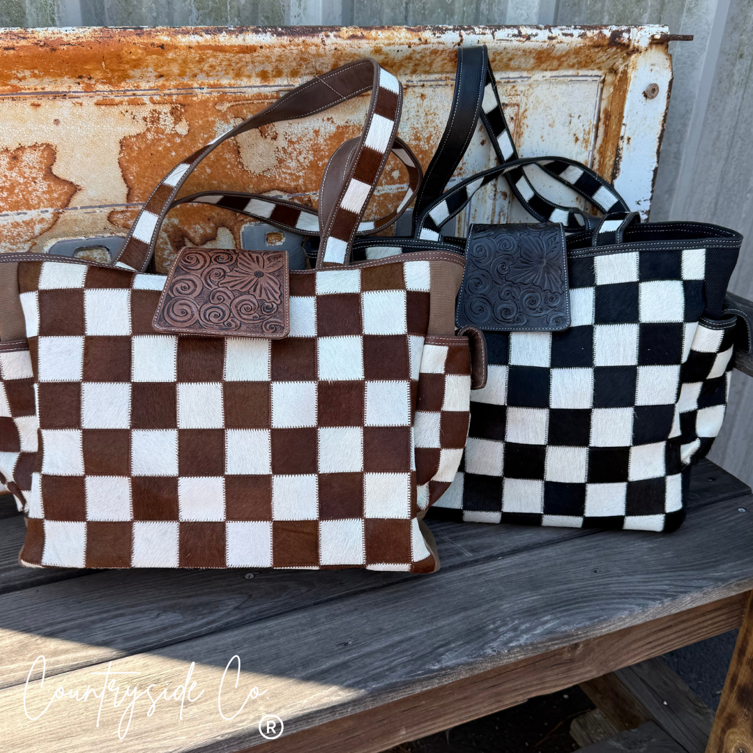 The Homestead Cowhide Checkered Tote Carryall: Black
