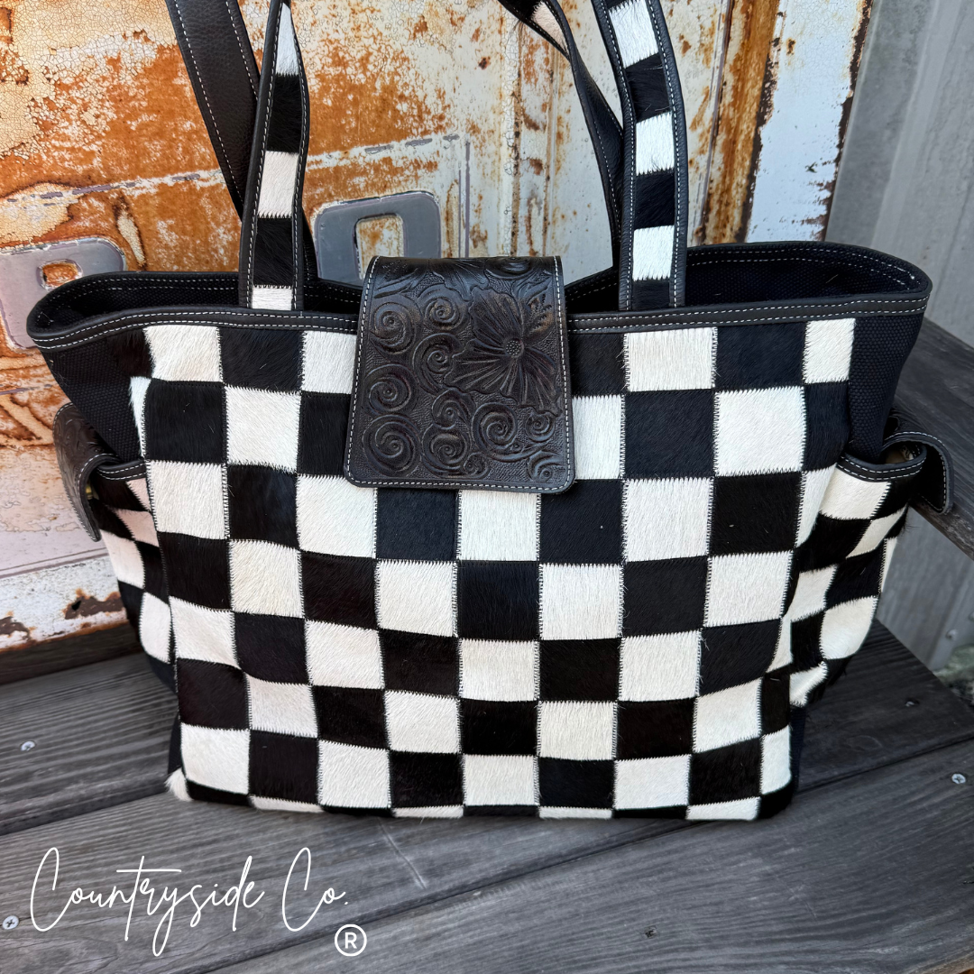 The Homestead Cowhide Checkered Tote Carryall: Black