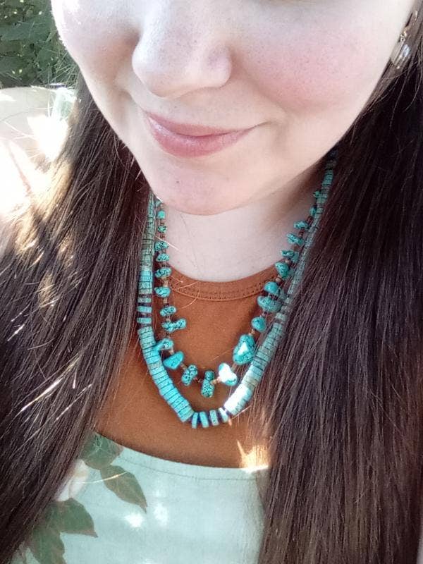 Handmade Turquoise Nugget Necklace with Seashell Heishi- Native Made