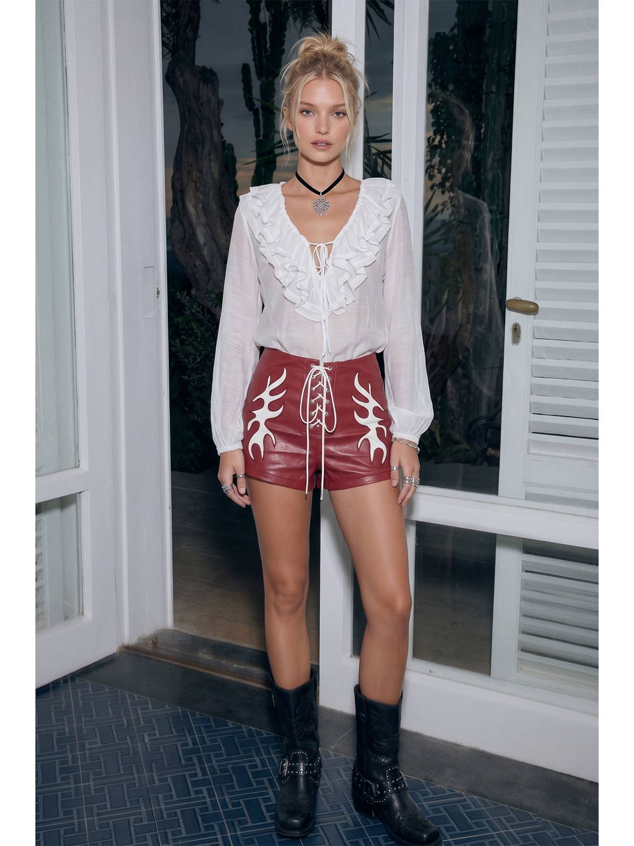 Vegan Leather Lightning Shorts - Red-