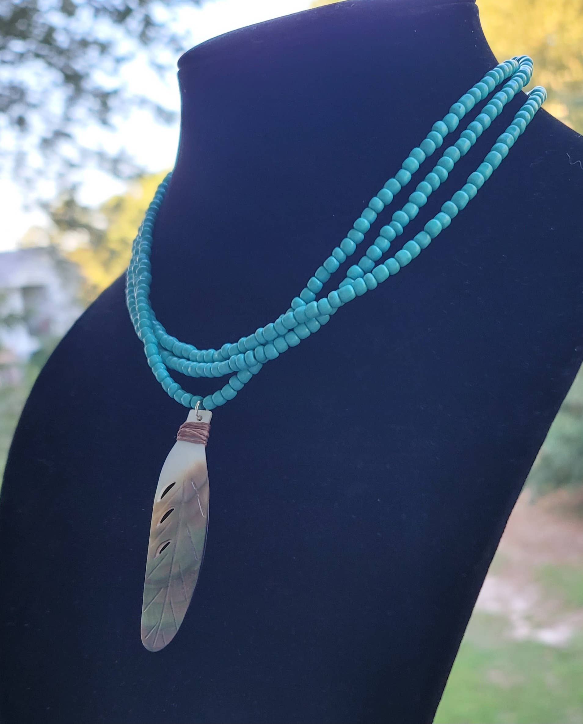 Turquoise Carved Shell Pendant Necklace- Native Made
