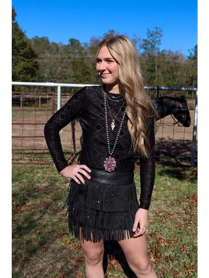 Velvet Mesh Aztec Print Top