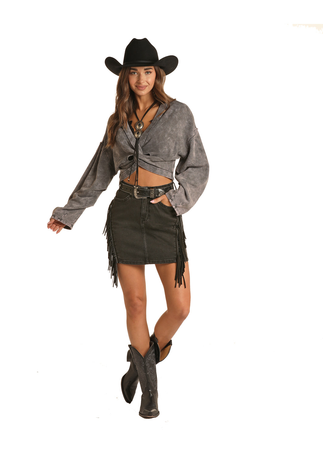 Black Denim Double Fringe Skirt 
