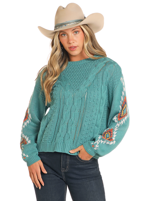 Aztec Sleeve Sweater- BW32T04469- Blue- 