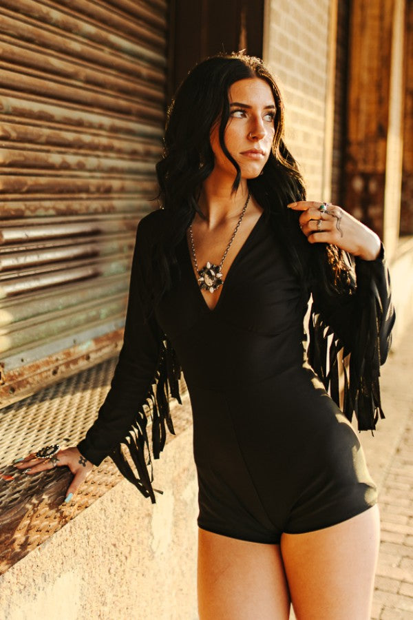 Satin Fringe Stretch Romper- Black 