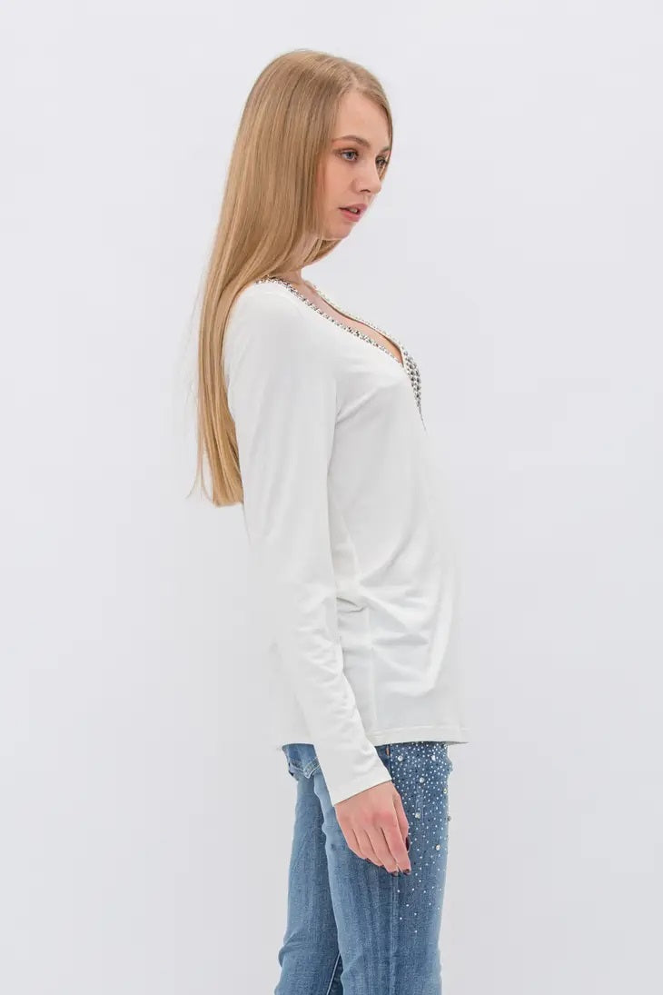 Bejeweled V-Neck Long Sleeve - White 