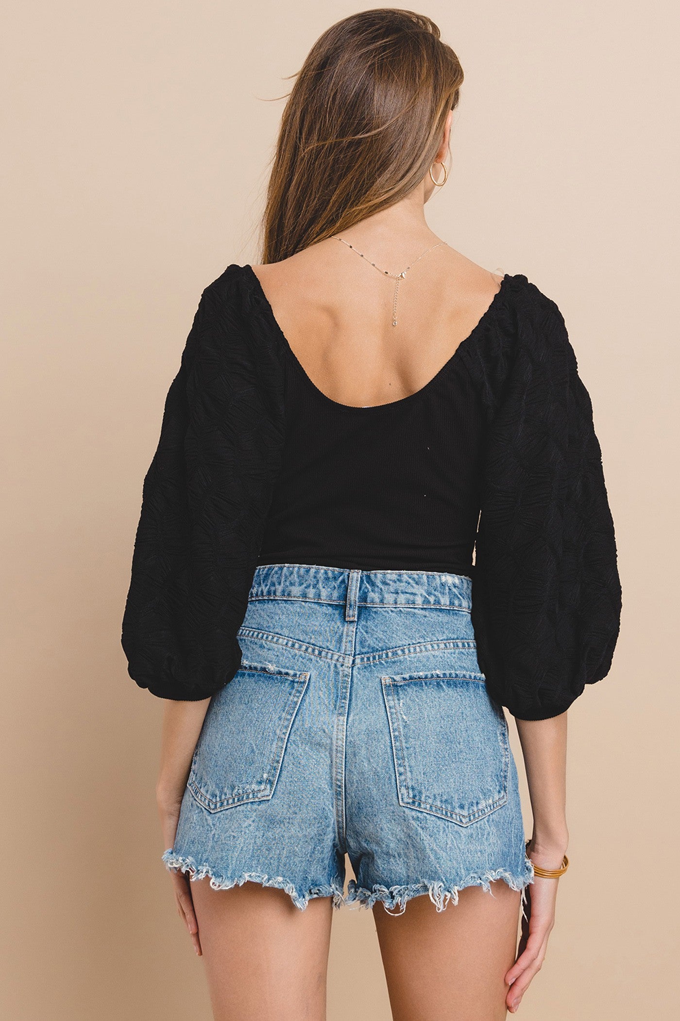 Scoop Neck Balloon Sleeve Bodysuit- Black- 