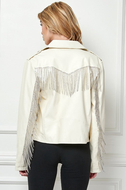 Rhinestone Fringe White Vegan Leather Jacket 