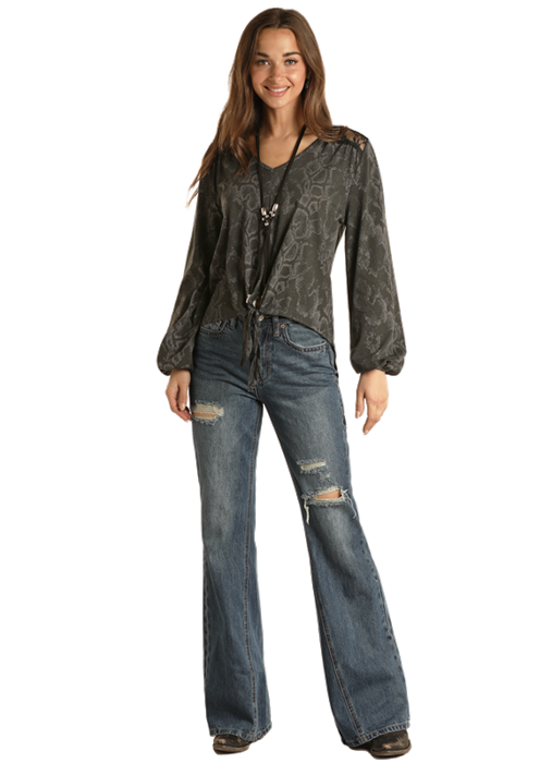 Snake Print Long Sleeve with Tie Detail- 