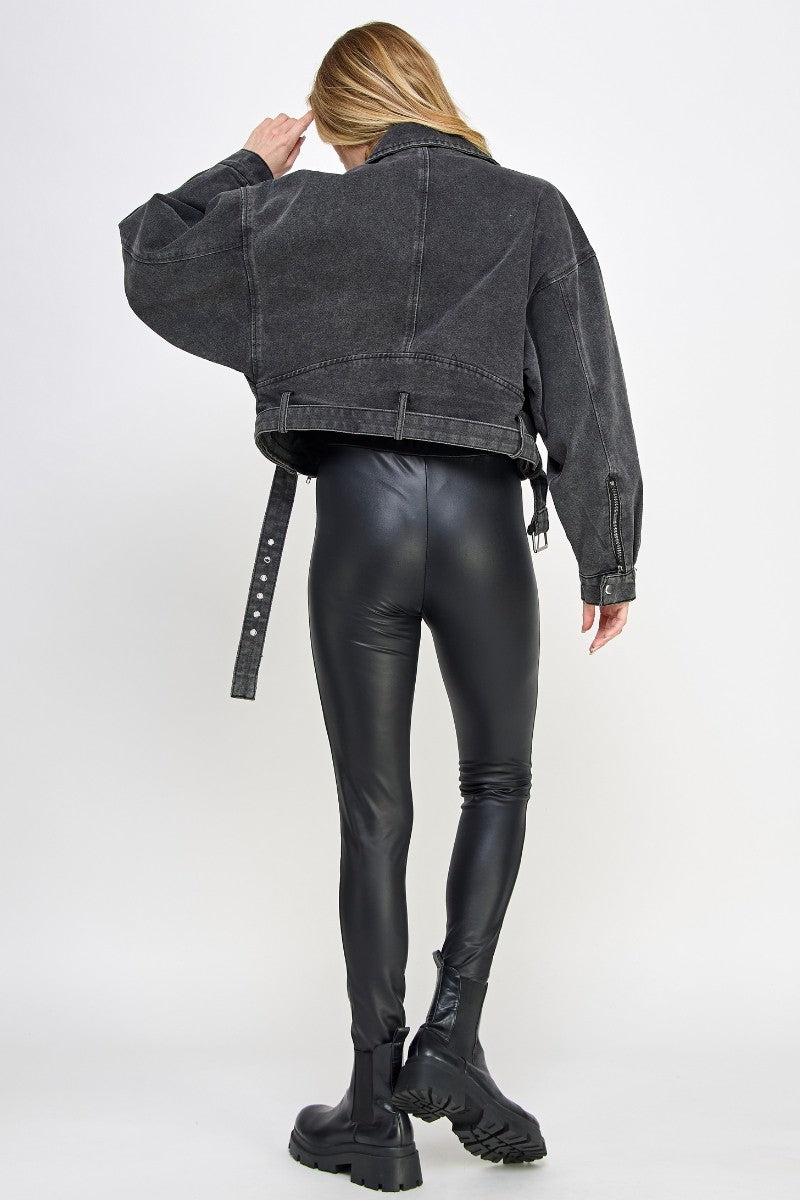 Black Denim Biker Jacket- VJ71810