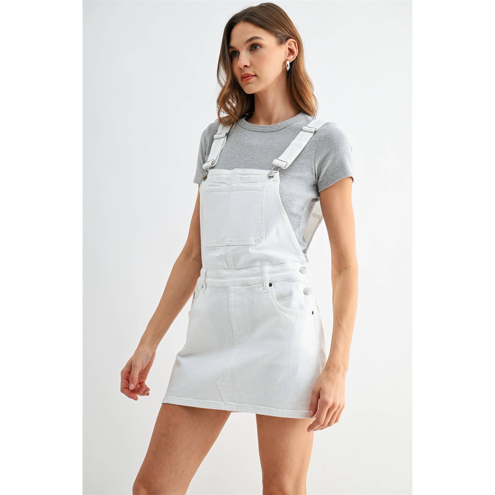 Denim Overall Mini Dress- White