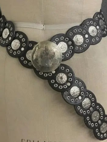 Handmade Leather Small Circle and Silver Plated Belt - B105-  Black