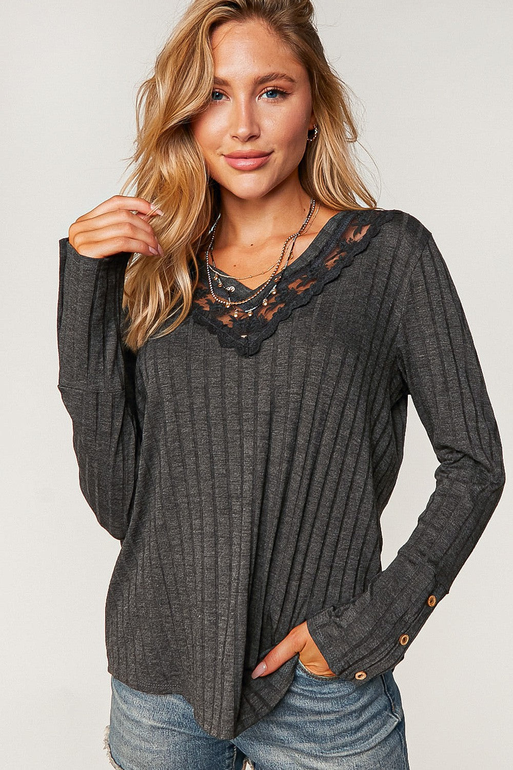 PLUS- Ribbed V-Neck with Lace Trim Neck- Charcoal- 